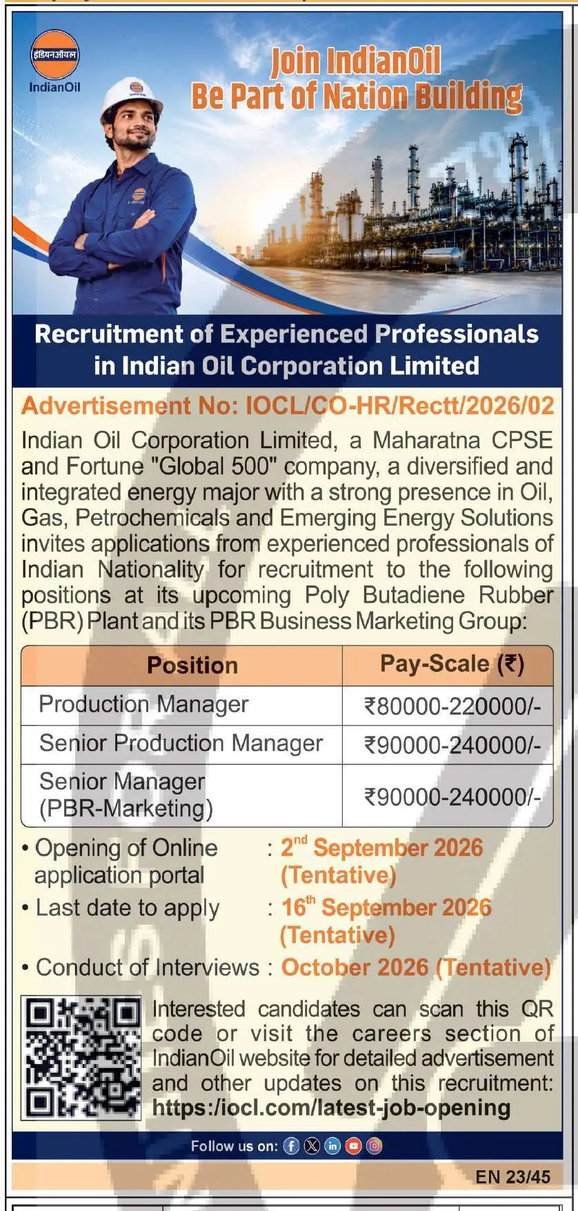 IOCL Opens Recruitment for Production and Marketing Roles in PBR Operations; Apply by 17 September 2026